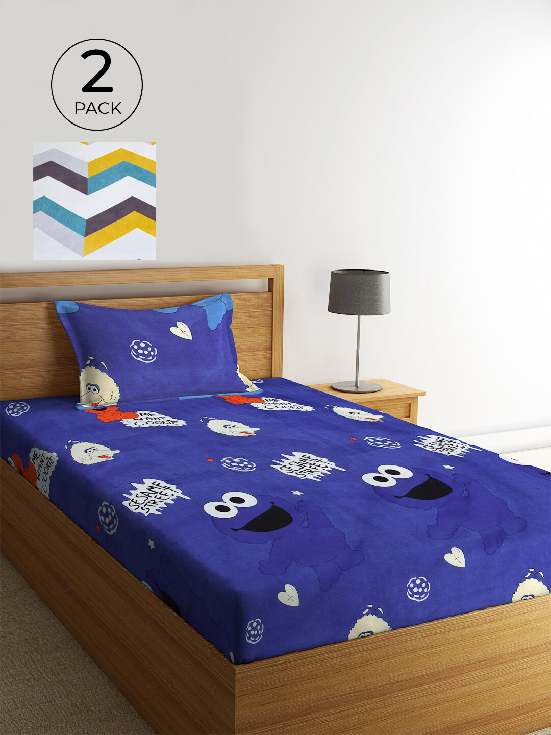 KLOTTHE Blue Conversational Cotton 210 TC Single Fine 2 Bedsheet with 2 Pillow Covers-89 x 59 inches