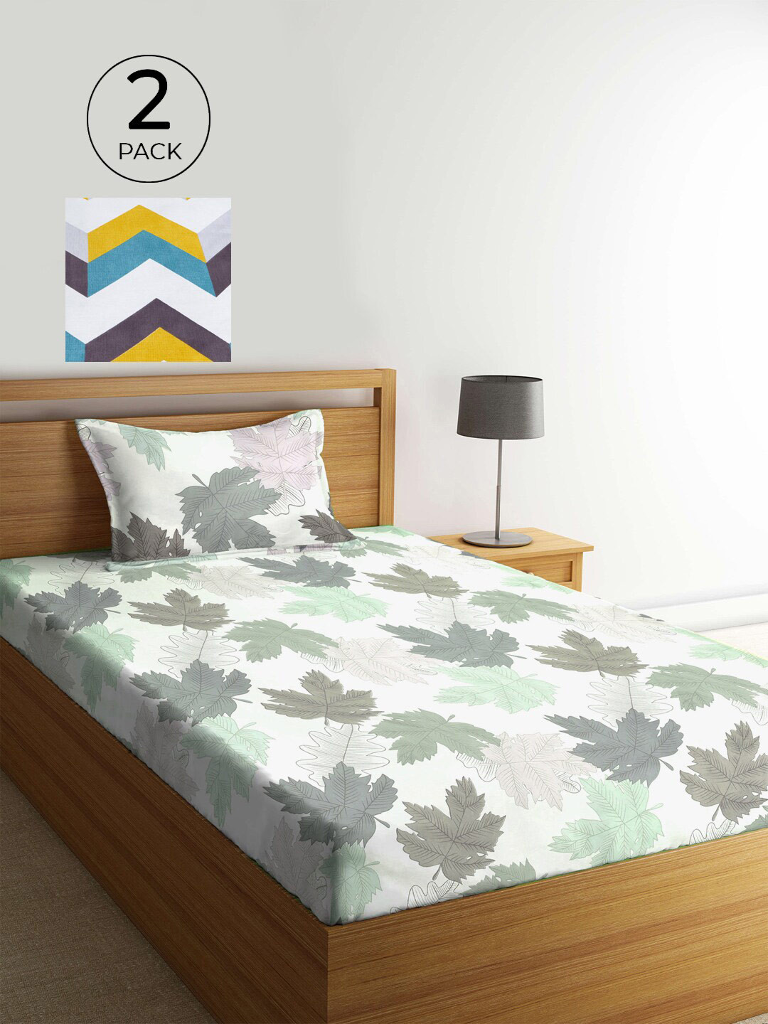 KLOTTHE White Leaf Polycotton 210 TC Single Fine 2 Bedsheet with 2 Pillow Covers-89 x 59 inches