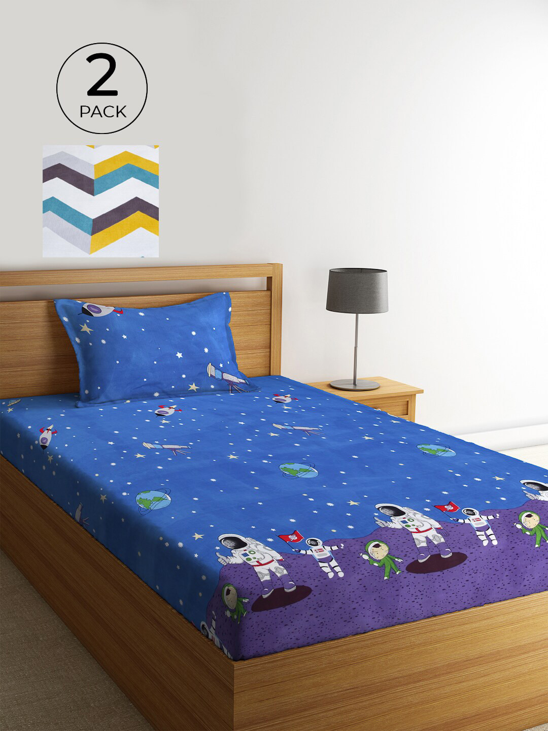 KLOTTHE Vivid Blue Conversational Cotton 210 TC Single Fine 2 Bedsheet with 2 Pillow Covers-225 x 150 cm