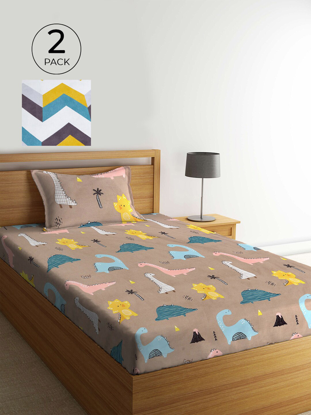 KLOTTHE Brown Conversational Polycotton 210 TC Single Fine 2 Bedsheet with 2 Pillow Covers-89 x 59 inches