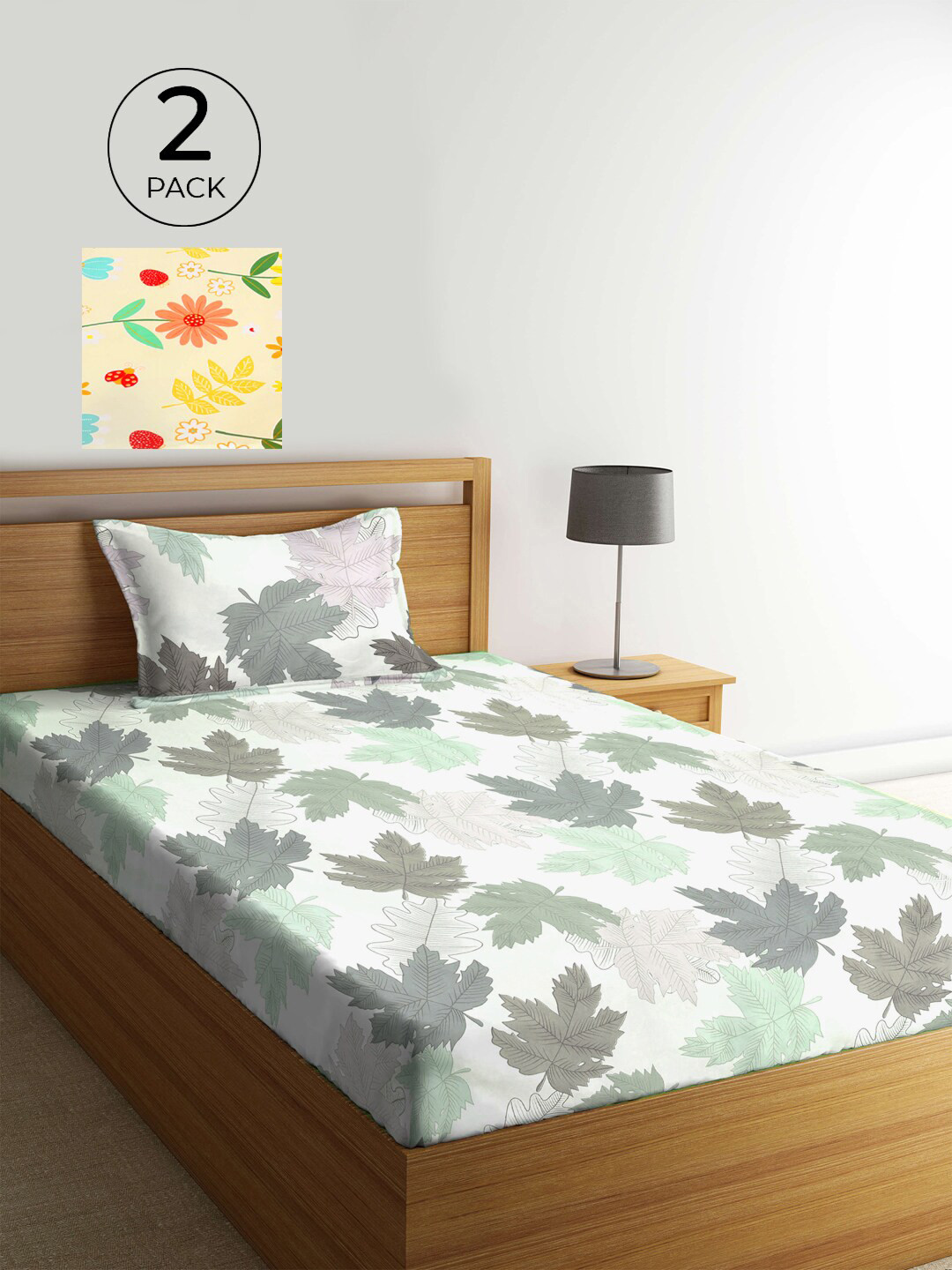 KLOTTHE White Leaf Polycotton 210 TC Single Fine 2 Bedsheet with 2 Pillow Covers-89 x 59 inches
