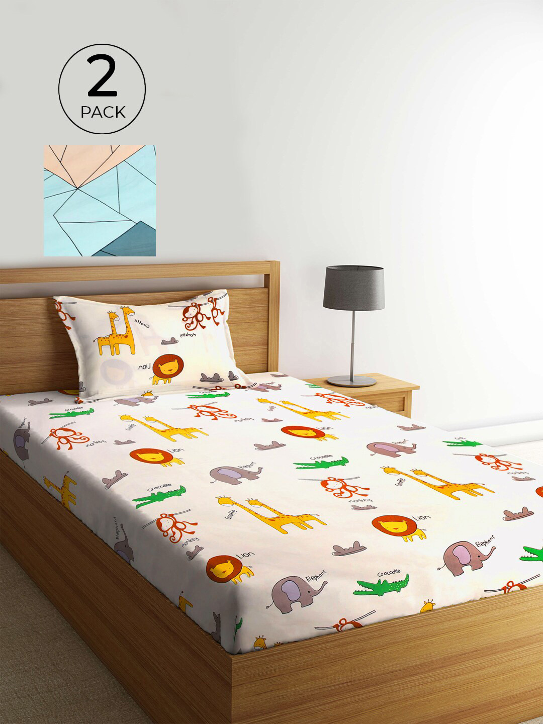 KLOTTHE Multicoloured Animal Polycotton 210 TC Single Fine 2 Bedsheet with 2 Pillow Covers-89 x 59 inches
