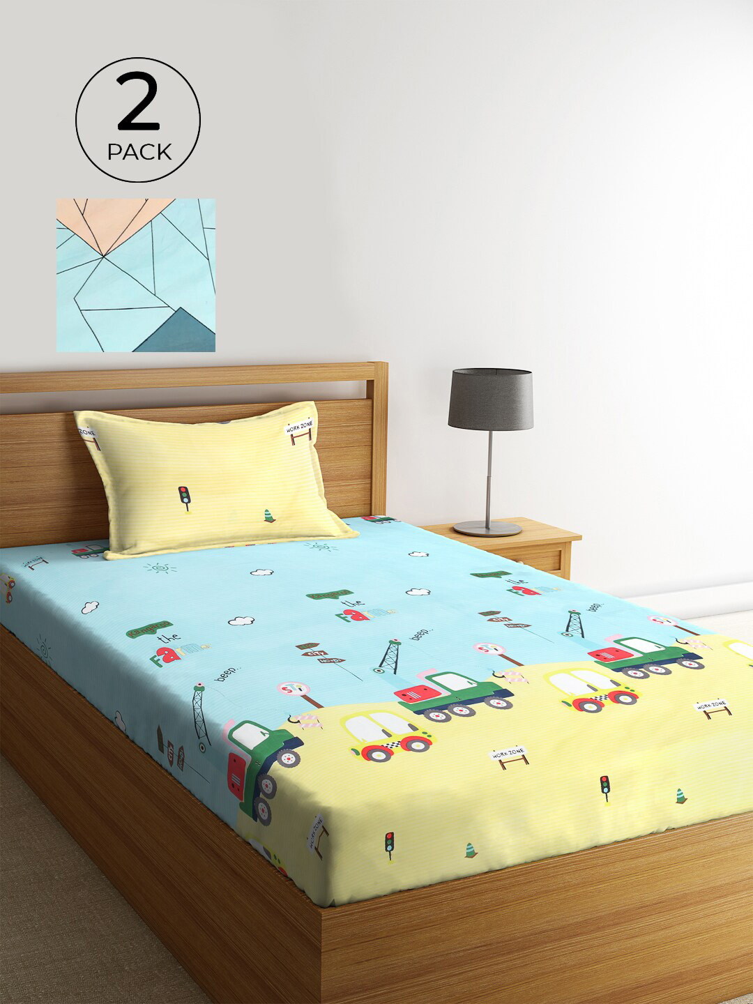 KLOTTHE Multicoloured Conversational Cotton 300 TC Single Fine 2 Bedsheet with 2 Pillow Covers-89 x 59 inches