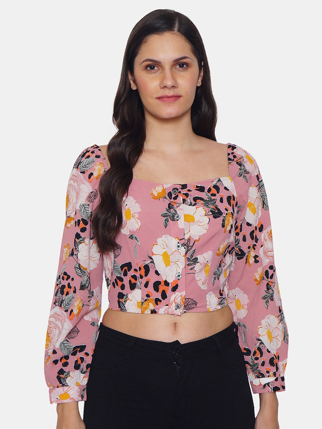 IX IMPRESSION Pink Floral Regular Crop Top