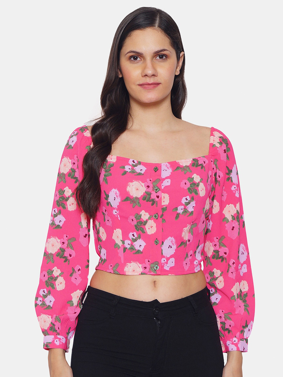IX IMPRESSION Pink Floral Regular Crop Top