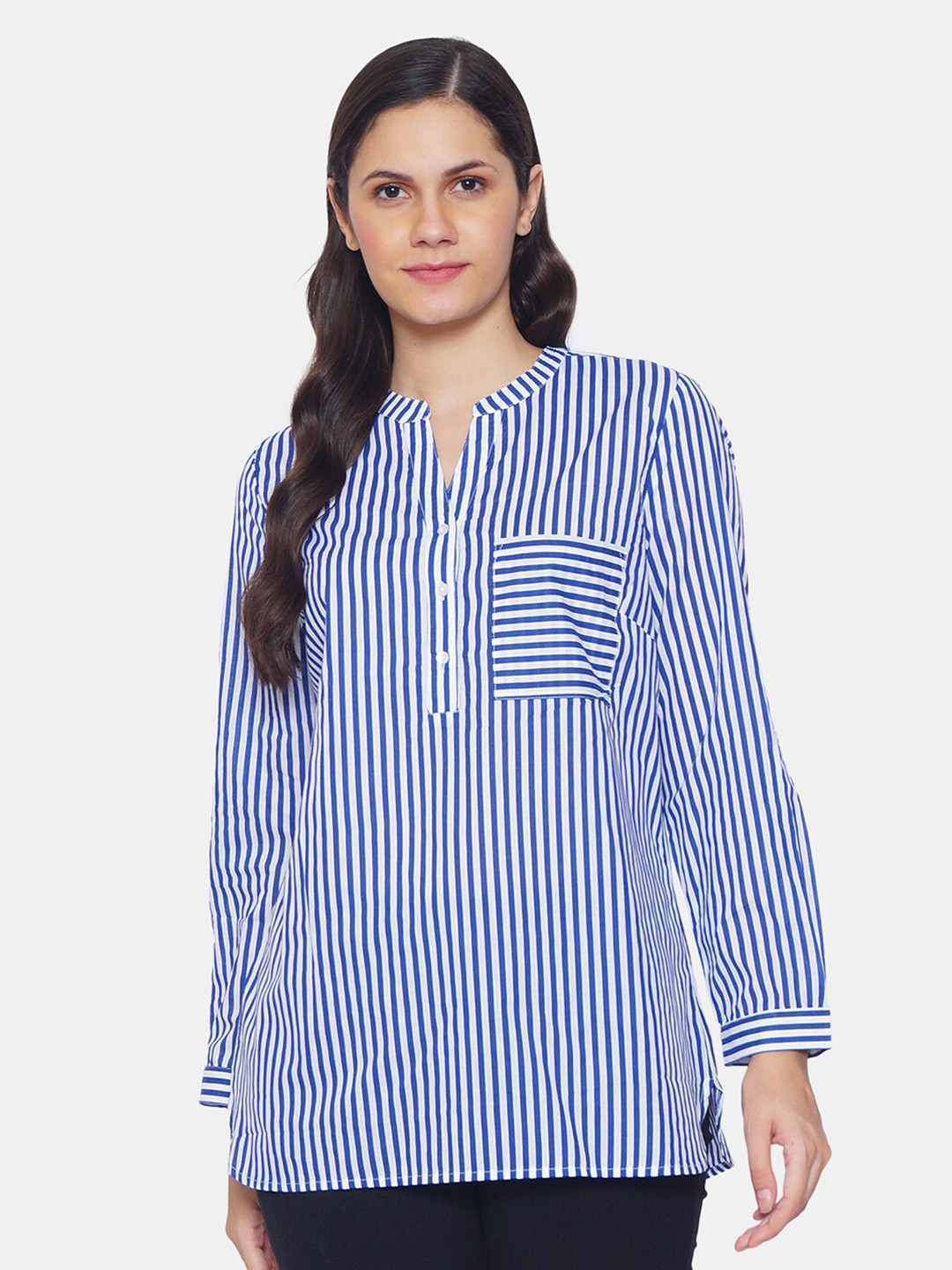 IX IMPRESSION Blue & White Striped Mandarin Collar Regular Top