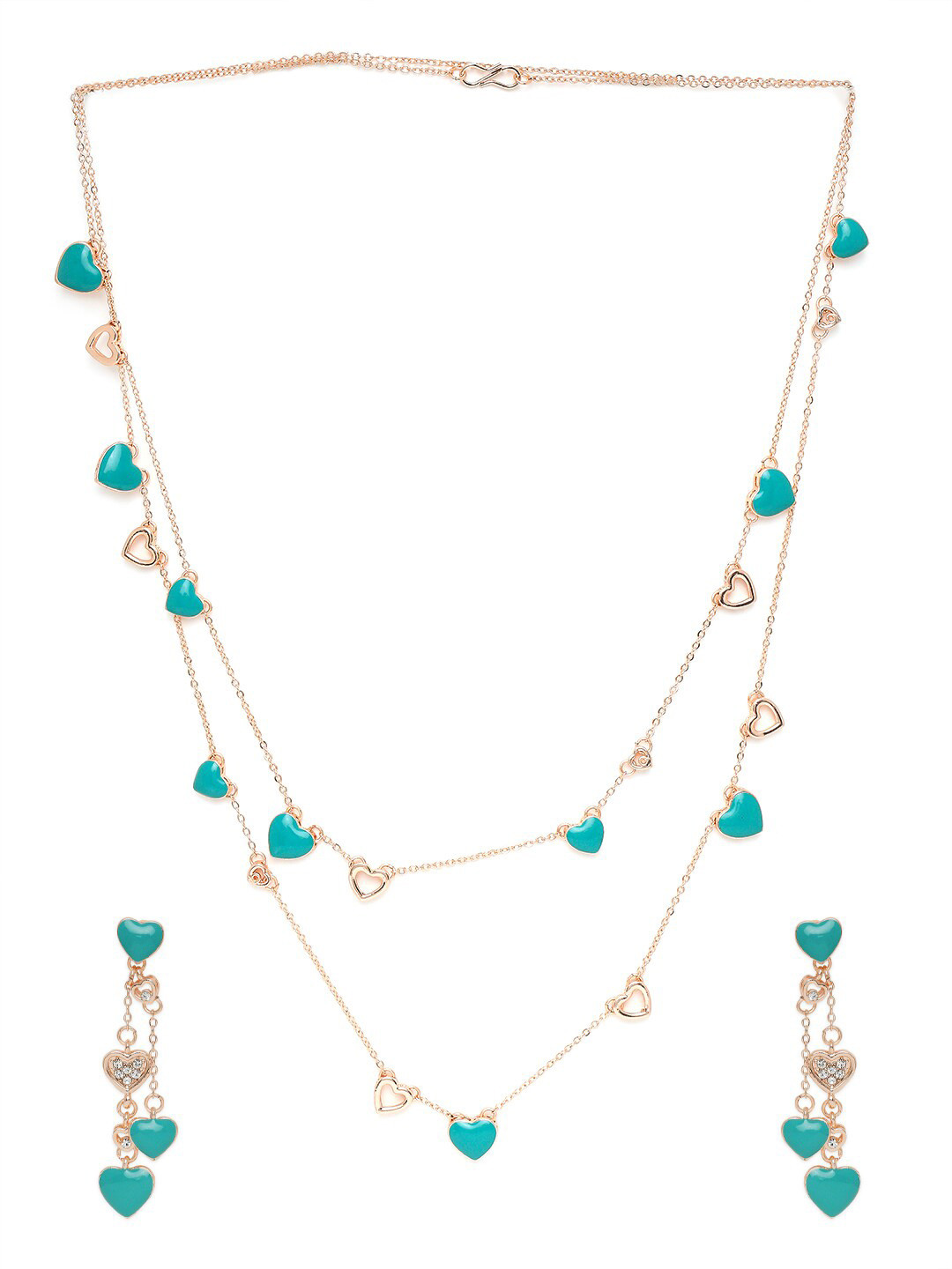 Mahi Women Rose Gold & Green Heart Crystal Layered Necklace set