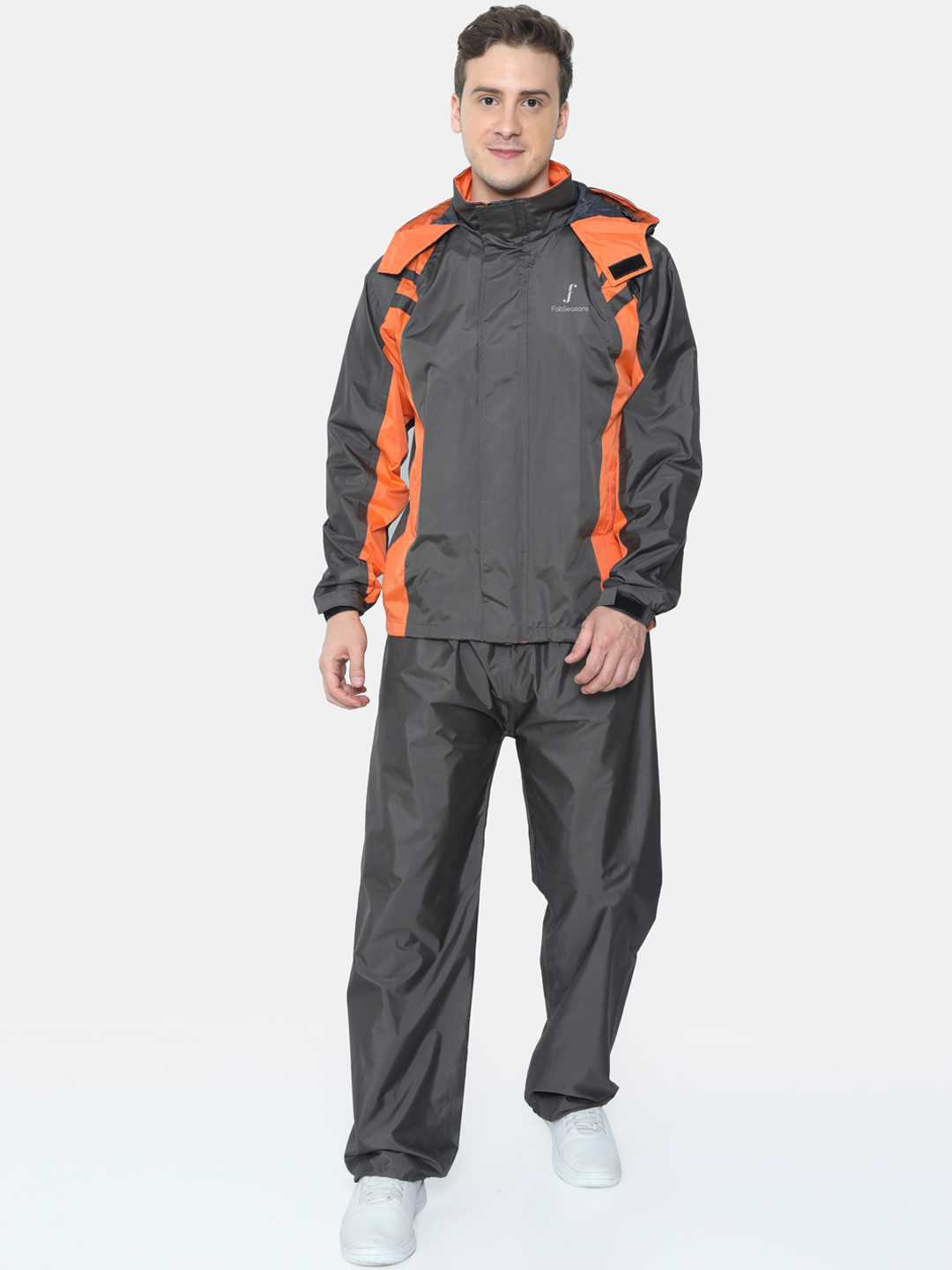 FabSeasons Unisex Charcoal Grey & Orange Solid Waterproof Rain Suit