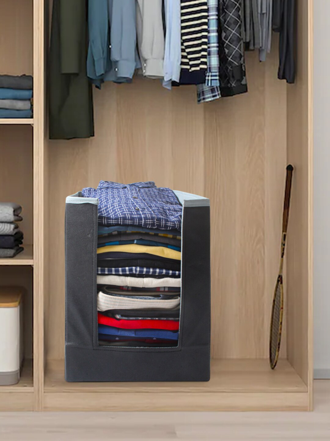 prettykrafts Set Of 9 Charcoal Grey & White Solid Foldable Shirt Stacker Wardrobe Organizers