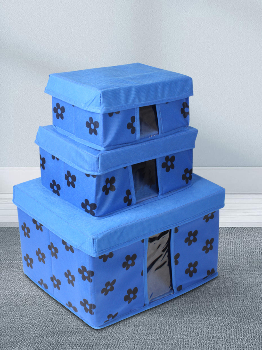 prettykrafts Set Of 3 Blue & Black Printed Storage Box
