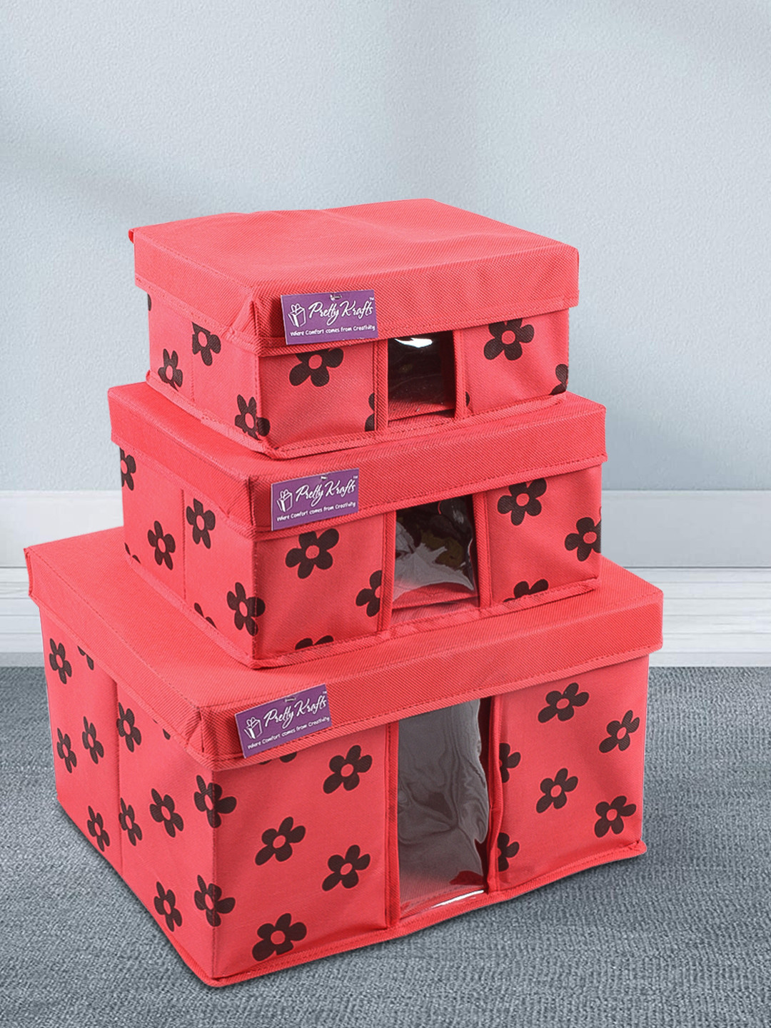 prettykrafts Set Of 9 Red Printed Storage Box