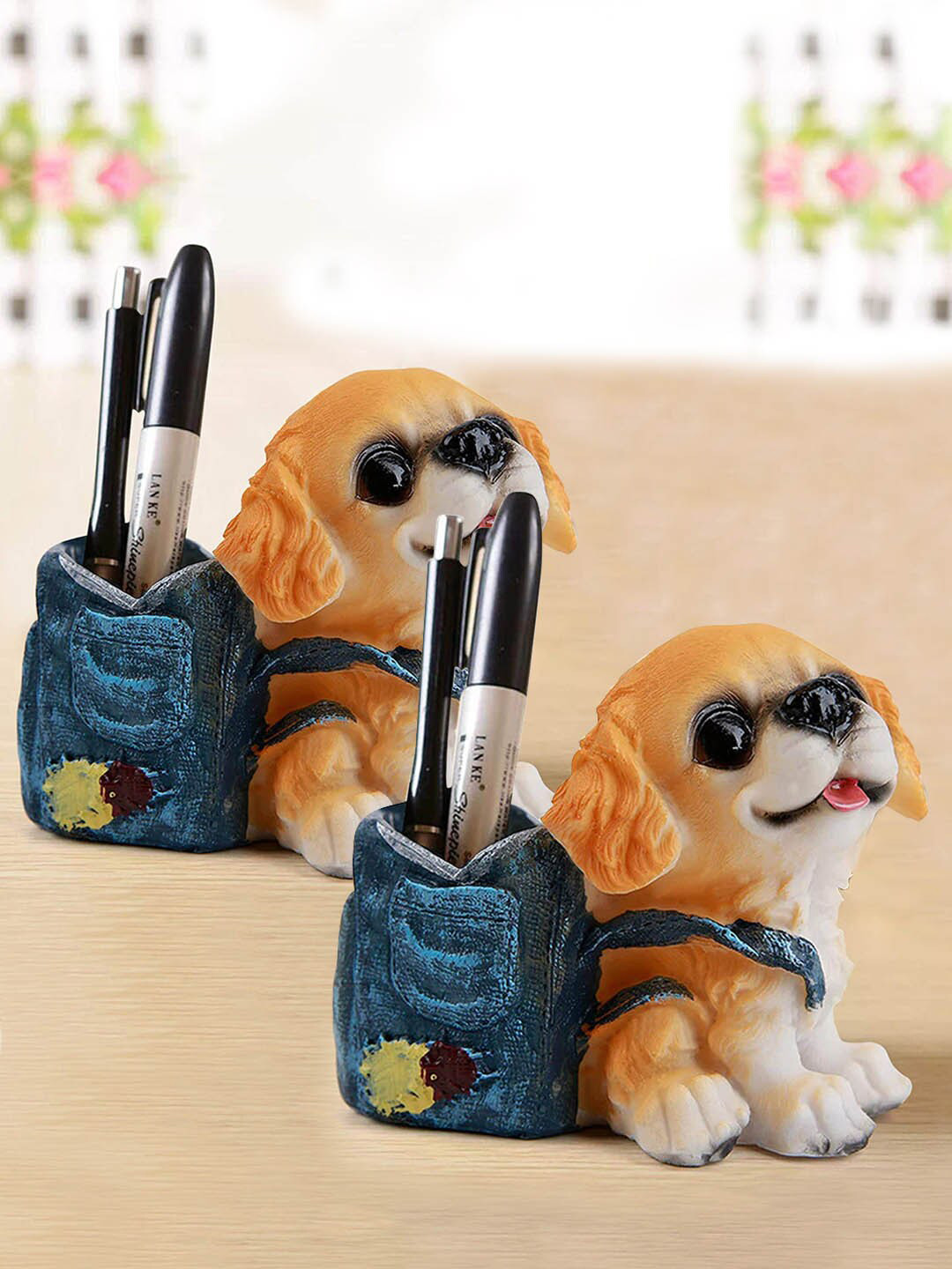 TIED RIBBONS Set Of 2 Multicoloured Cute Dog Pen Stand Desk Organizer