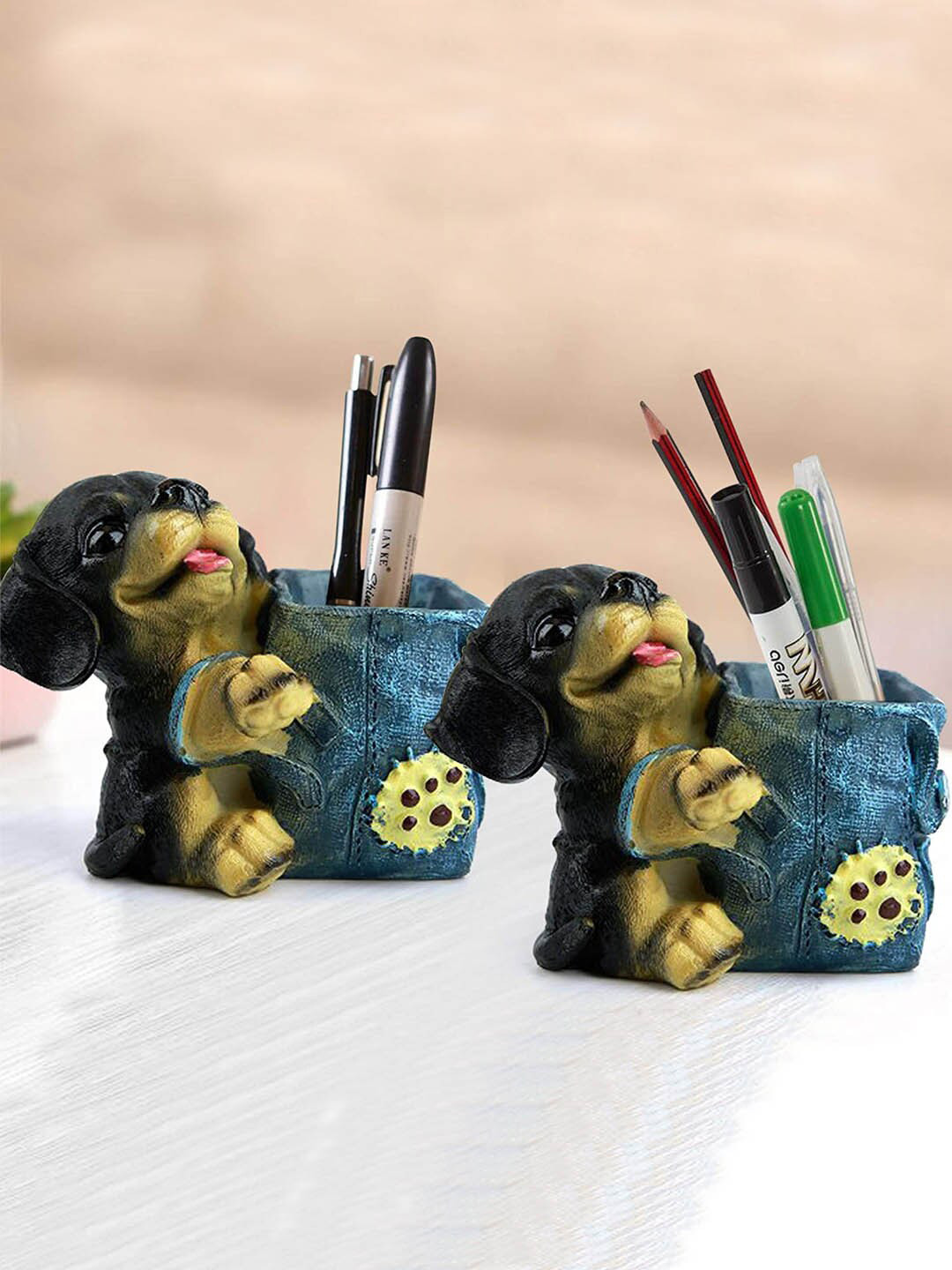 TIED RIBBONS Set Of 2 Multicoloured Cute Dog Pen Stand Desk Organizer