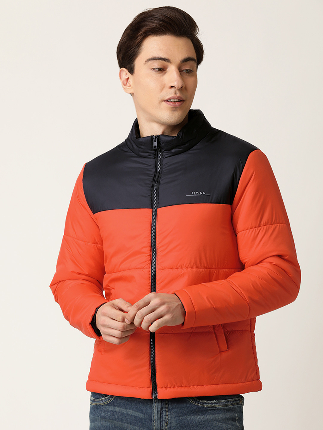 Flying Machine Men Orange Navy Blue Colourblocked Padded Jacket