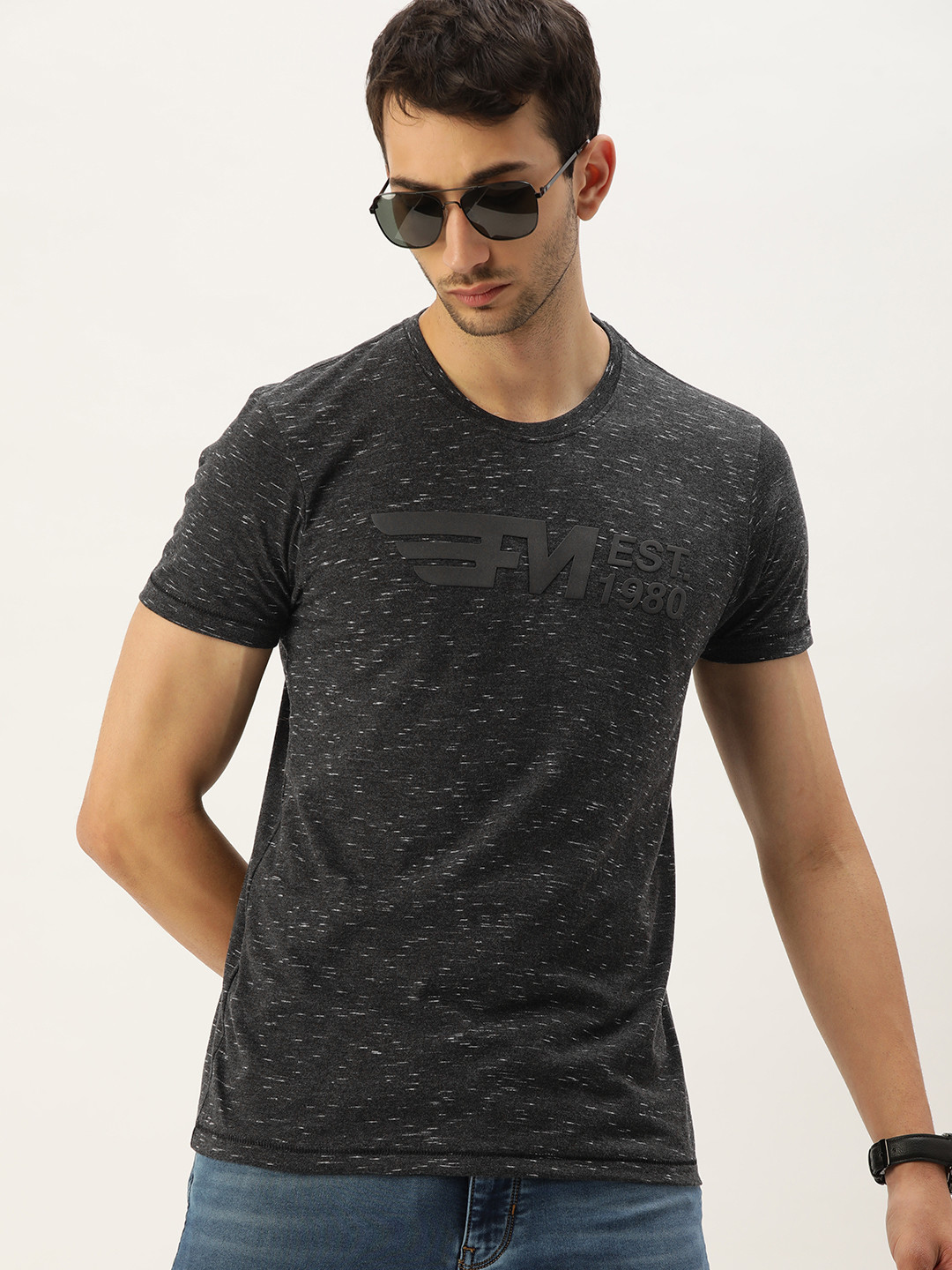 Flying Machine Men Black Abstract Printed Regular Fit Casual T-shirt