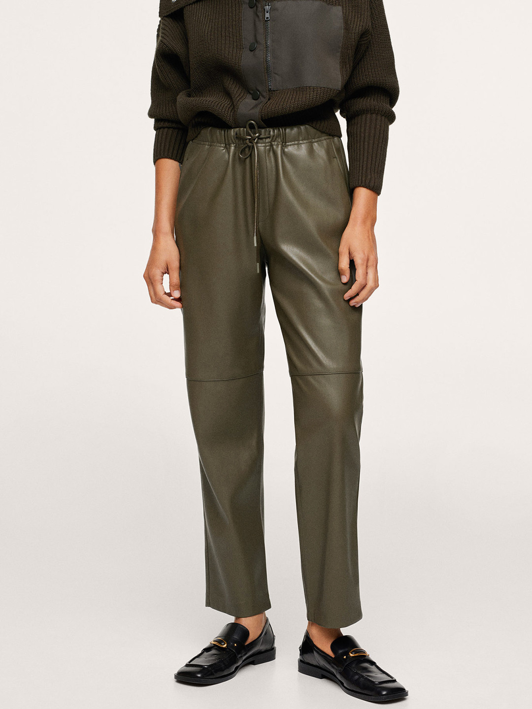 MANGO Women Olive Green Solid PU Coated Regular Trousers