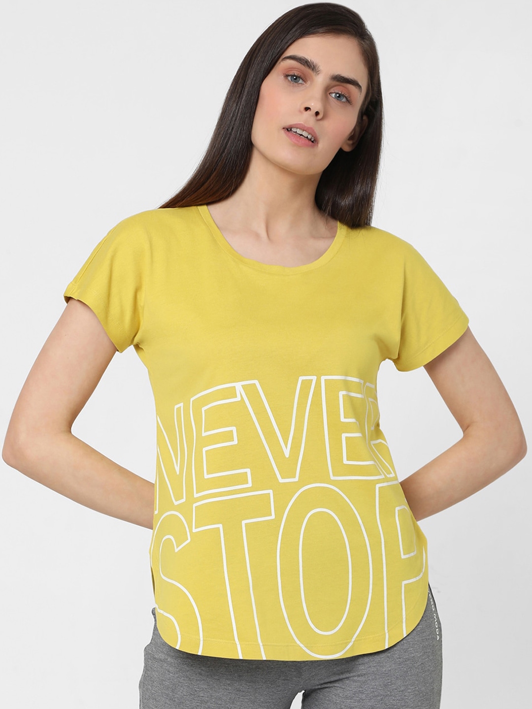 Vero Moda Women Yellow Typography Print Lounge T shirt