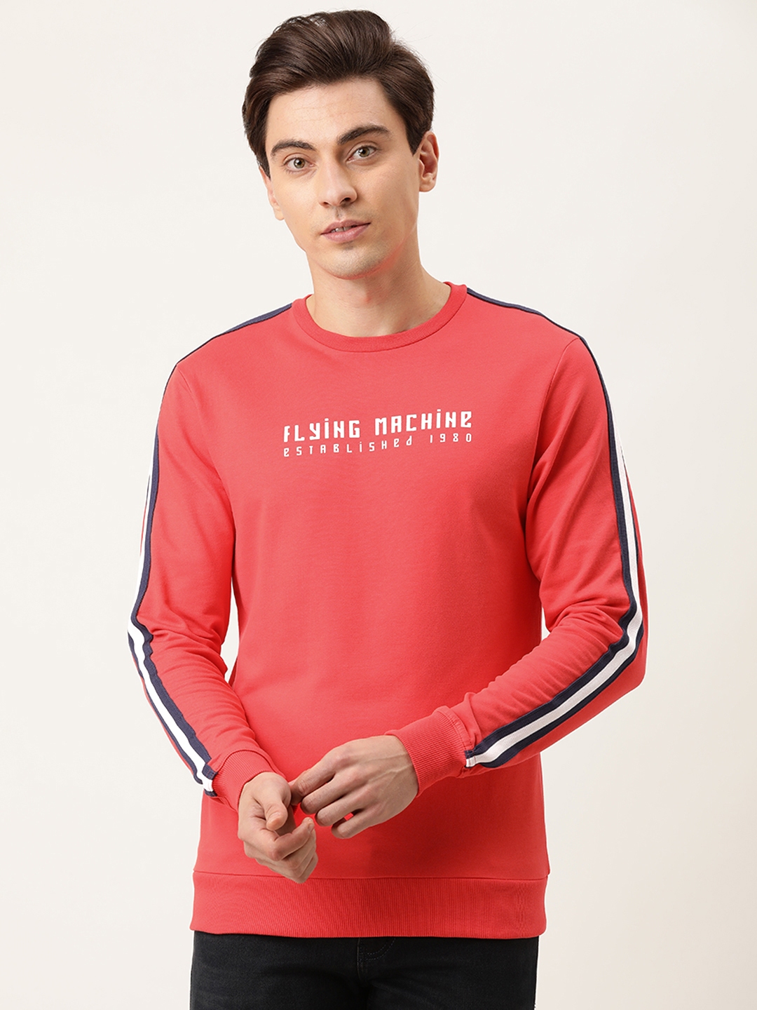Buy Flying Machine Men Coral Red Printed Side Striped Pure Cotton