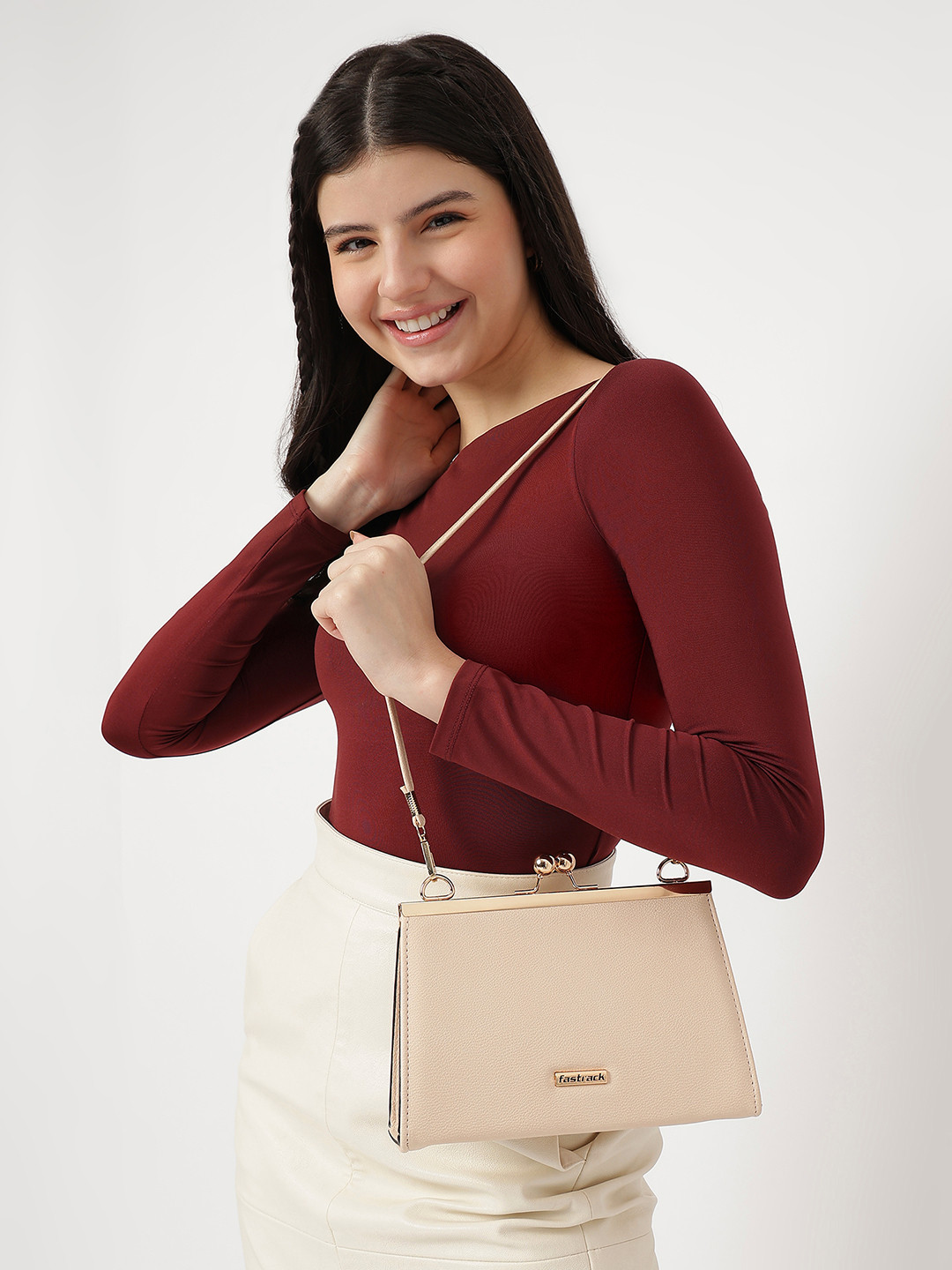 Fastrack Nude-Coloured Box Clutch with Shoulder Straps