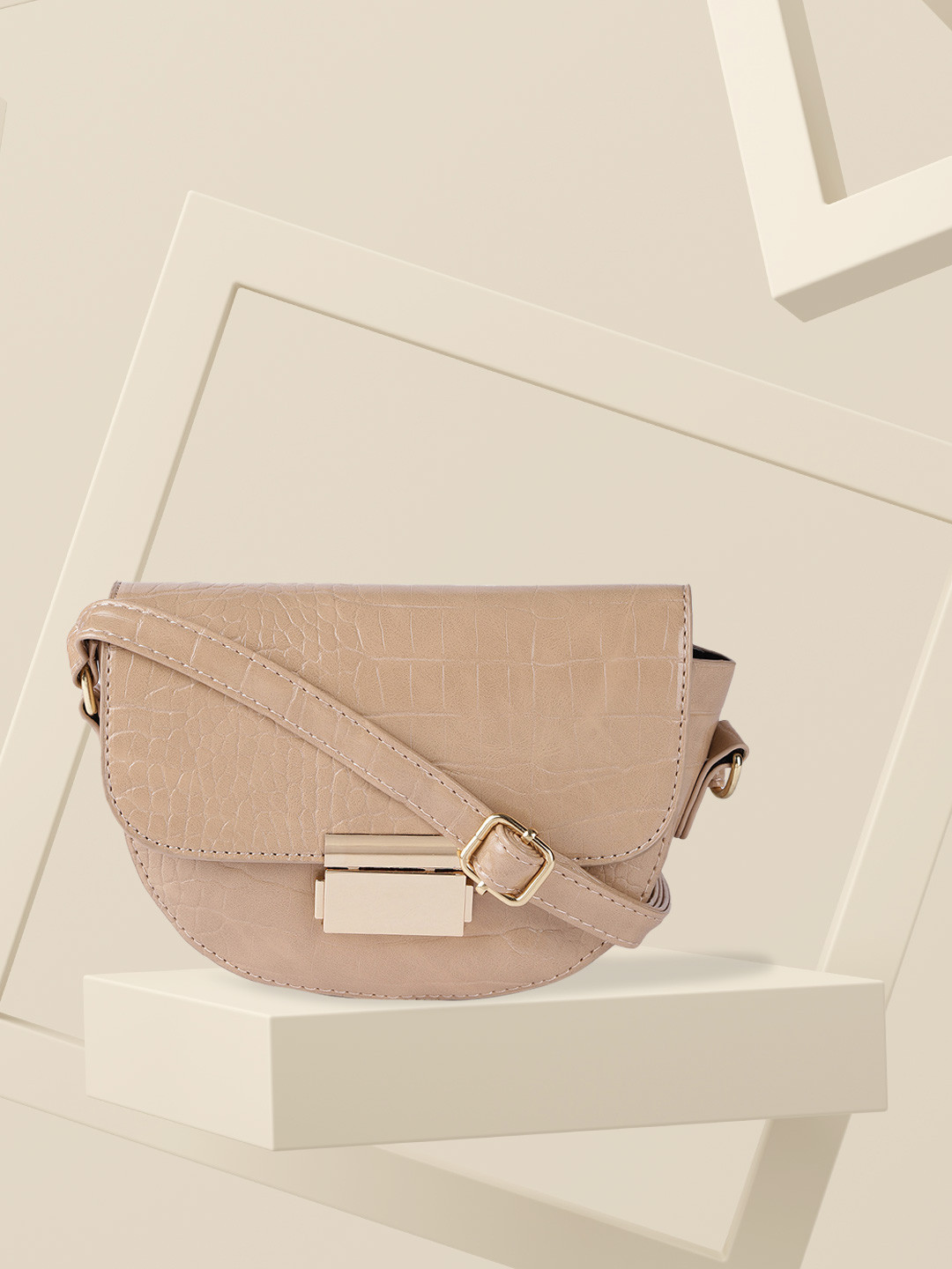 Fastrack Nude-Coloured PU Croc Textured Half Moon Sling Bag