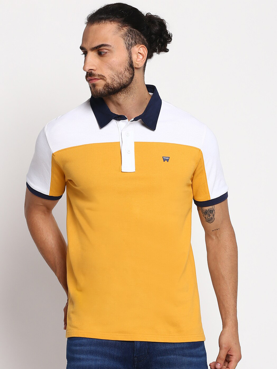 Wrangler Men Yellow Colourblocked Polo Collar Applique T-shirt