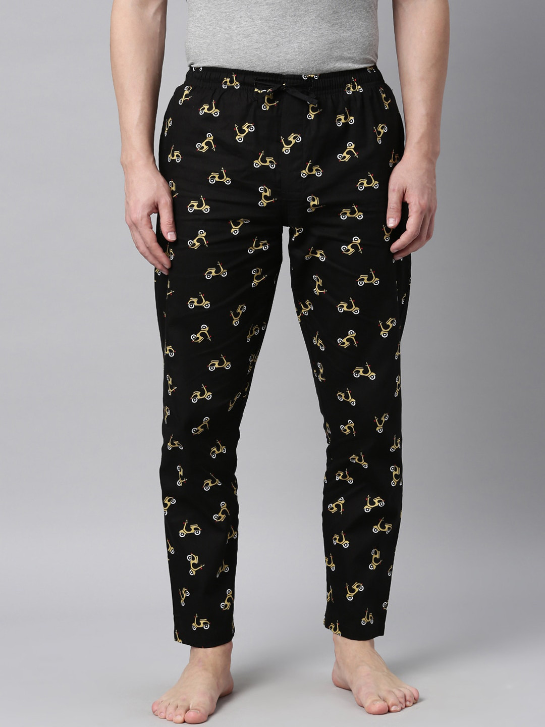 Joven Men Black & Yellow Printed Cotton Lounge Pants