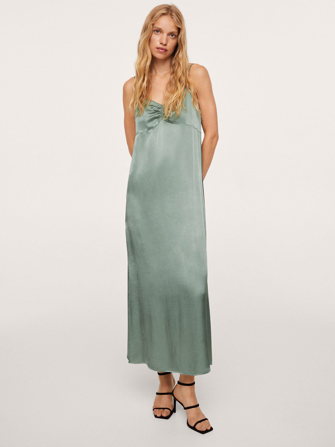 MANGO Green Solid A-Line Maxi Dress