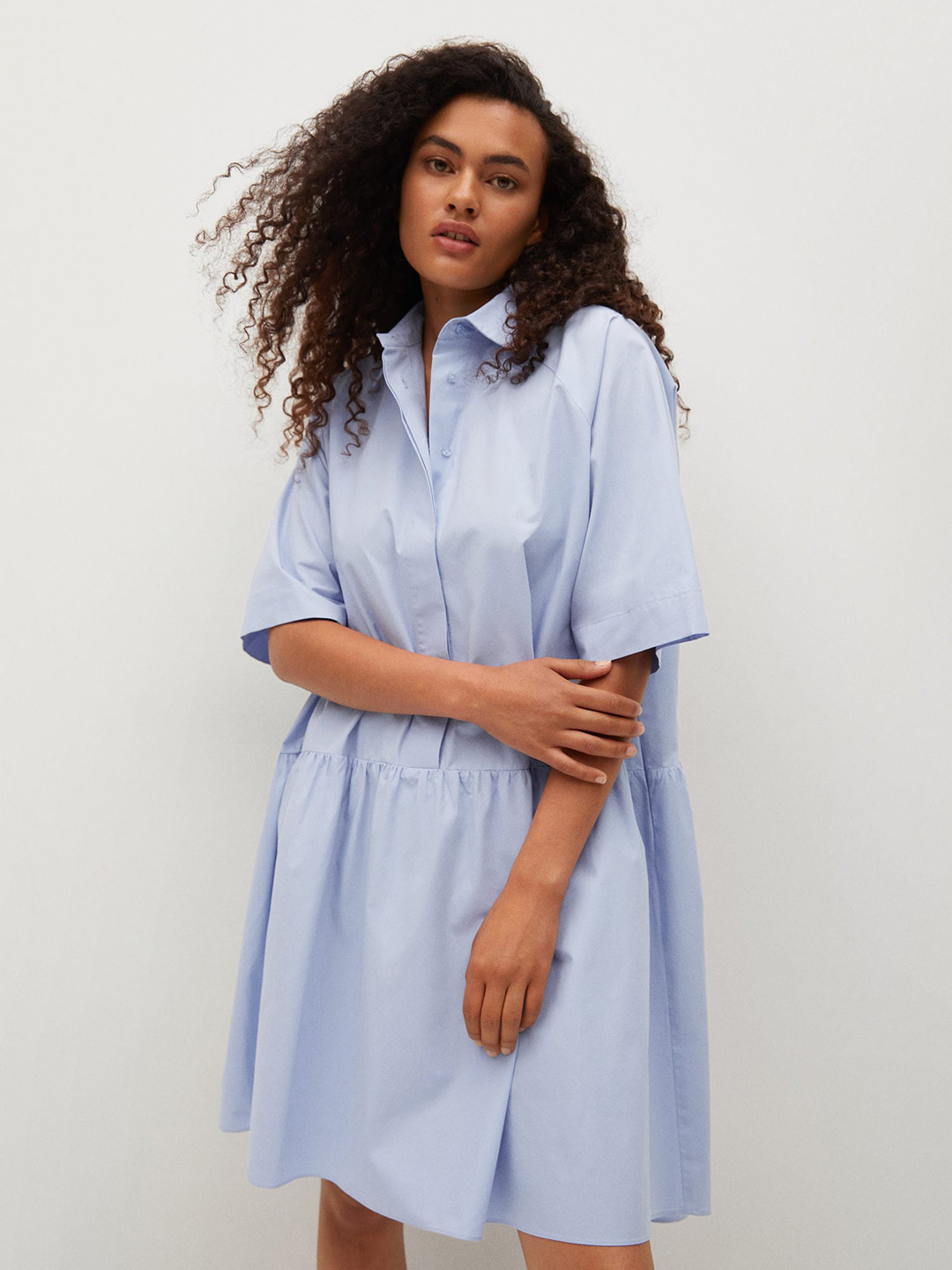 MANGO Blue Pure Cotton Solid A-Line Midi Dress