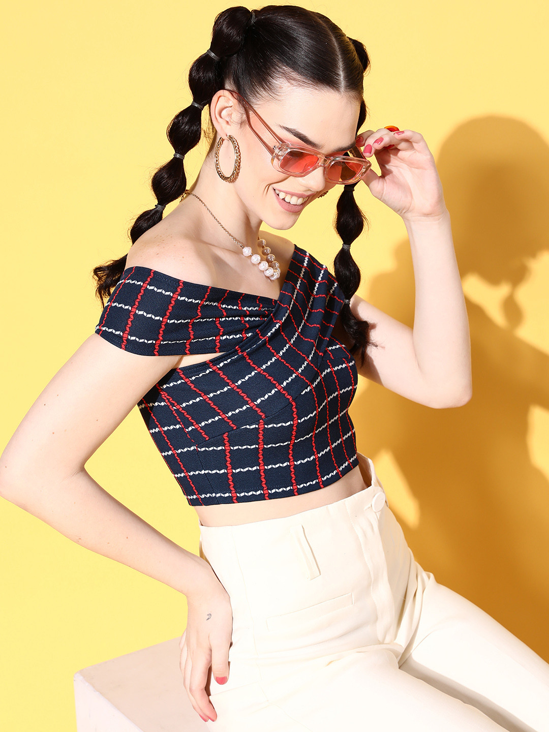 Veni Vidi Vici Navy Blue & Red Checked Off-Shoulder Bardot Crop Top