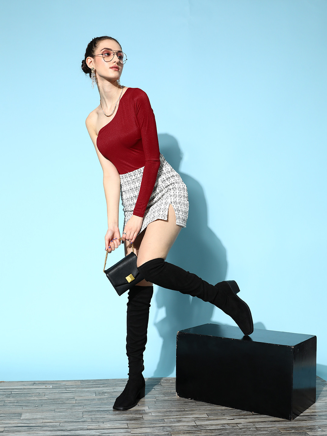 Veni Vidi Vici Maroon One Shoulder Long Sleeve Crop Top