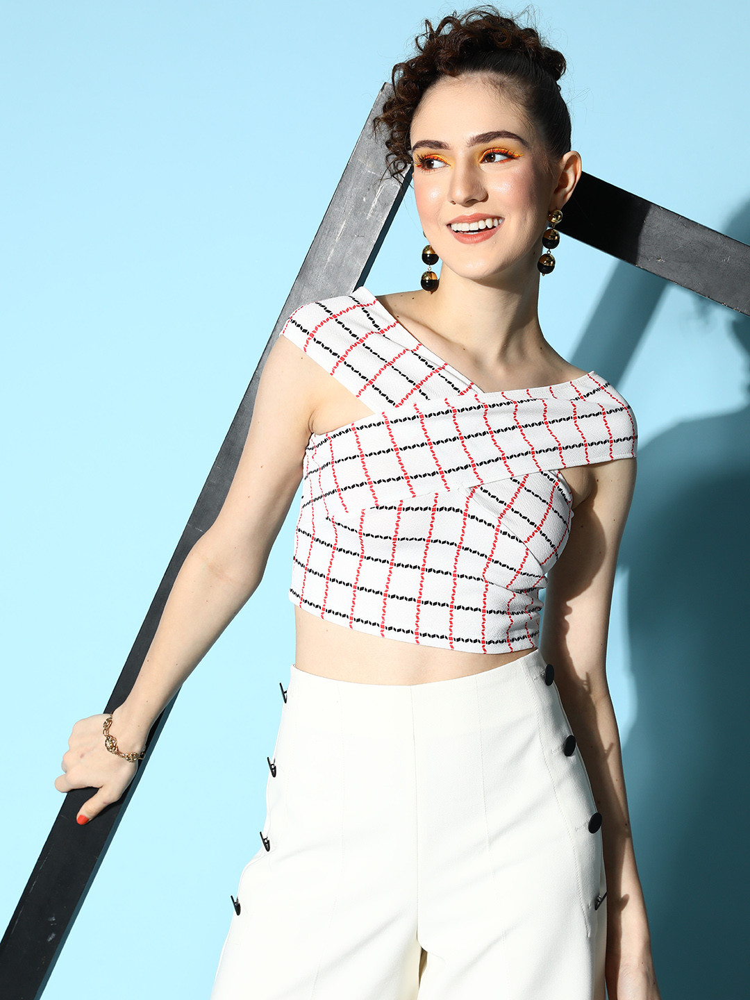 Veni Vidi Vici White & Black Checked Off-Shoulder Bardot Crop Top