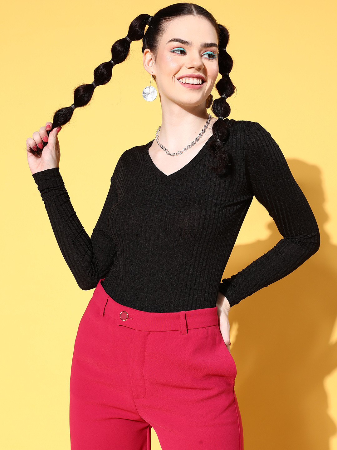 Veni Vidi Vici Black Solid Ribbed Top