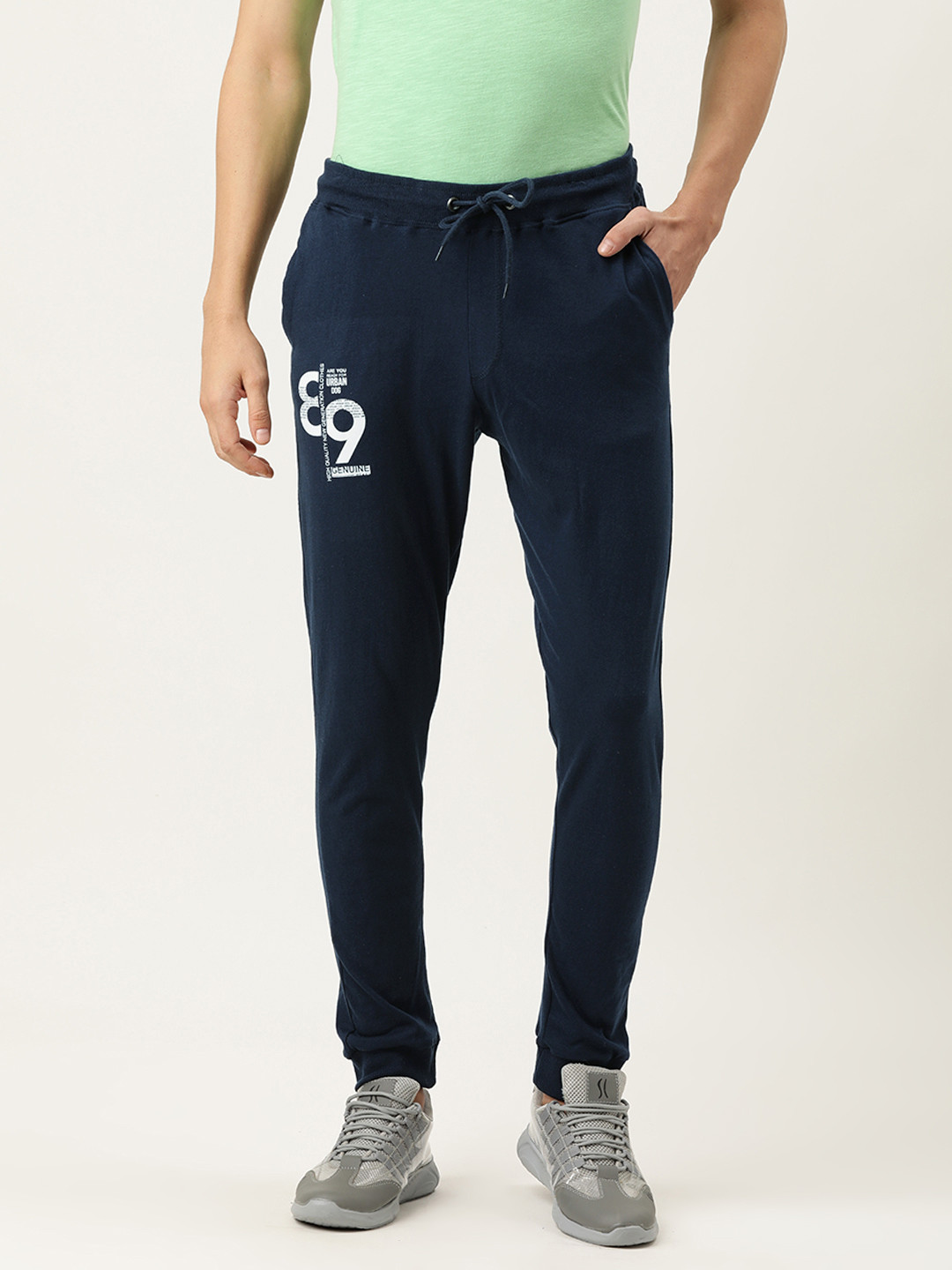 Urban Dog Men Navy Blue Printed Slim Fit Knitted Cotton Track Pant