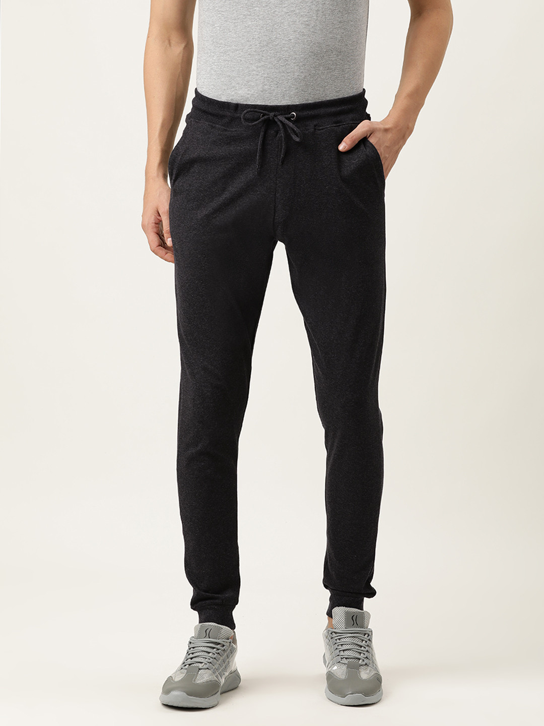 Urban Dog Men Charcoal Grey Solid Slim Fit Knitted Cotton Track Pant
