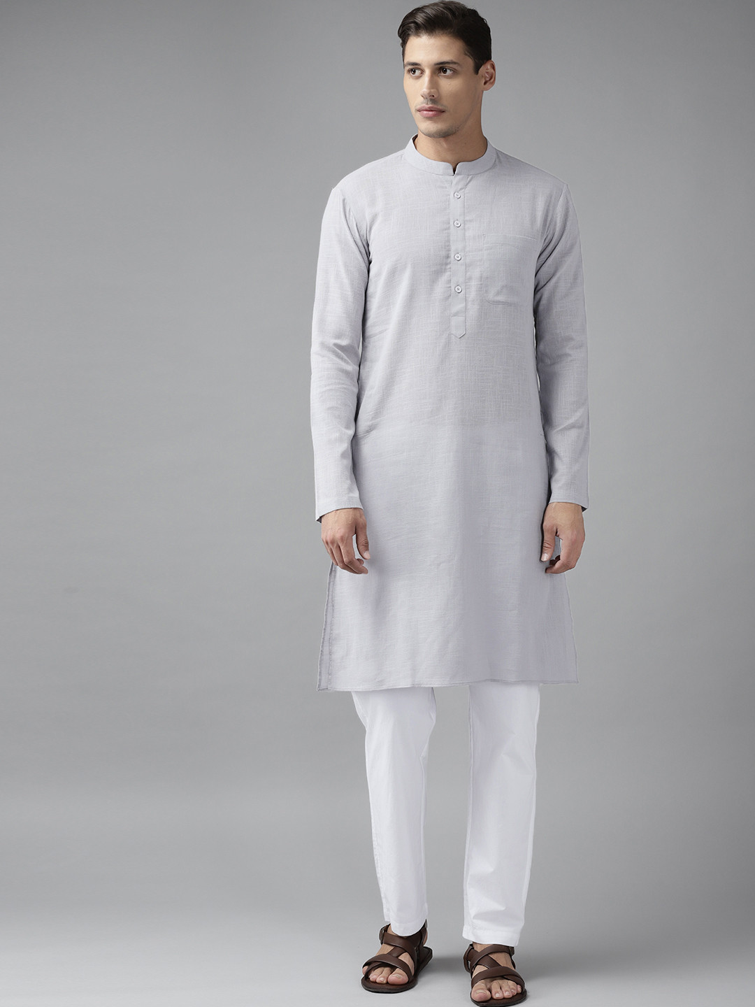 See Designs Men Grey & White Solid Pure Cotton Kurta with Pyjamas