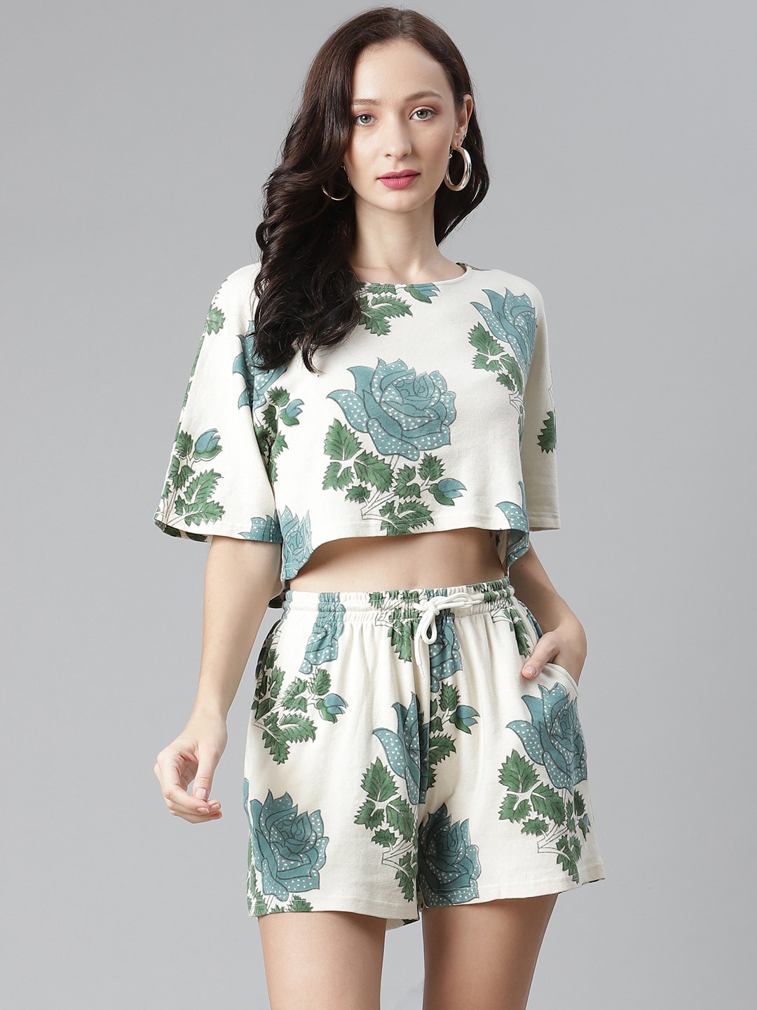 Purple State Women Off White & Blue Floral Hand Block Print T-shirt