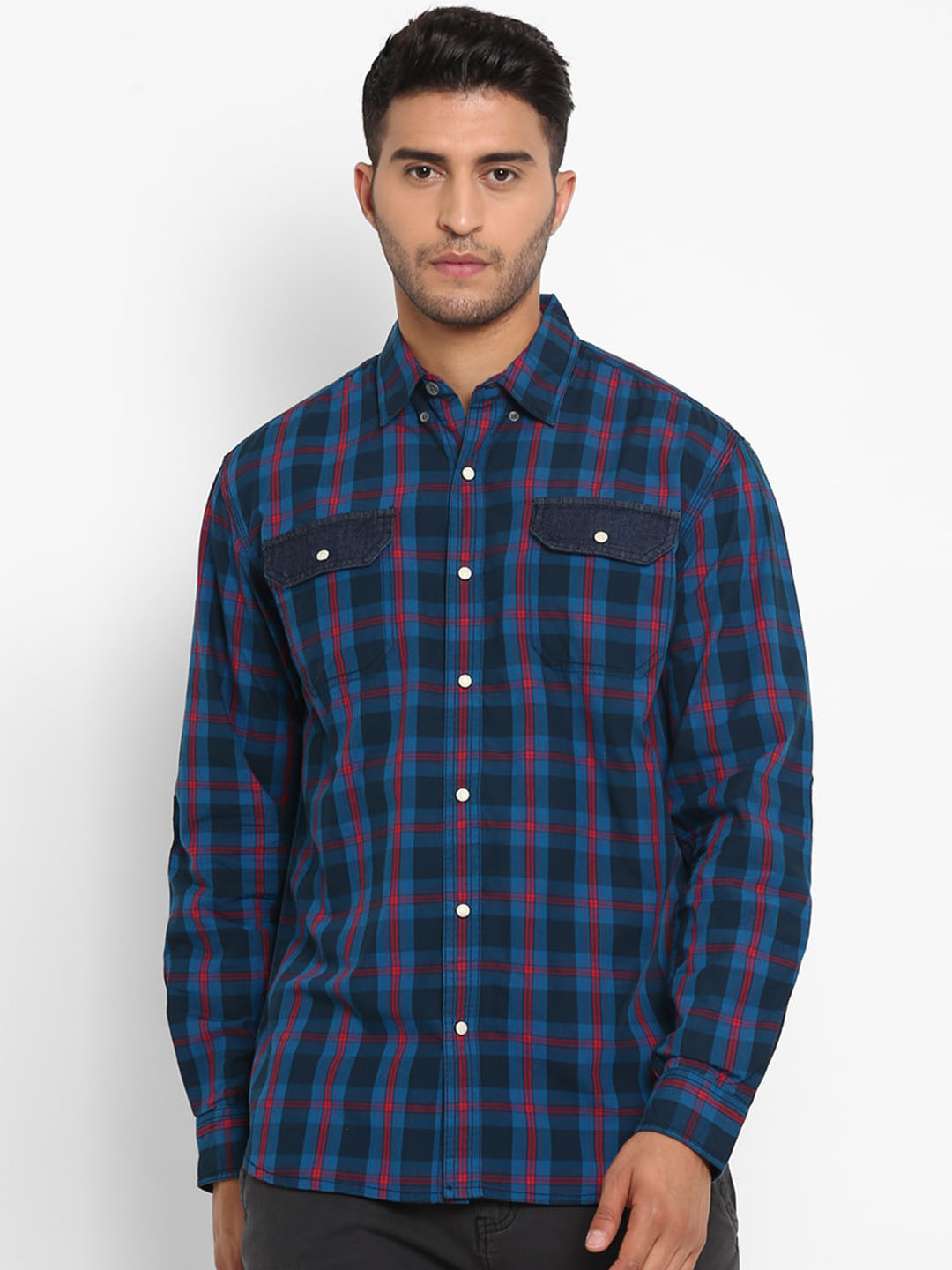 Royal Enfield Men Navy Blue Opaque Checked Casual Shirt