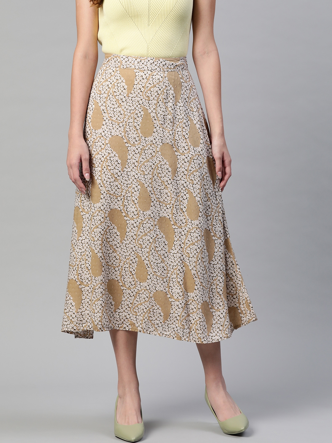 Marks & Spencer Women Beige & White Ethnic Print A-Line Midi Skirt