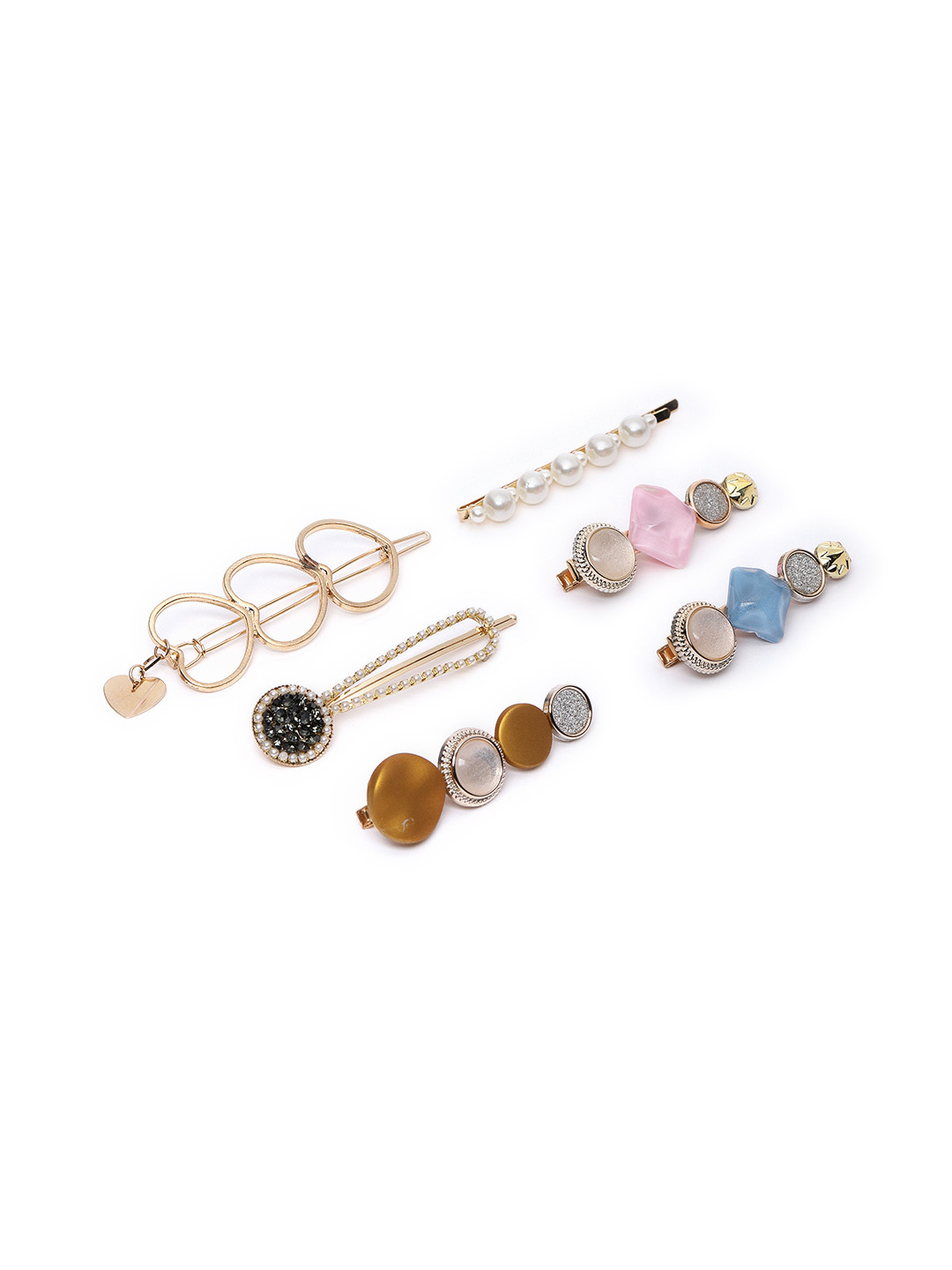 AccessHer Women Gold-Toned & White Set of 6 Beaded Bobby Pins
