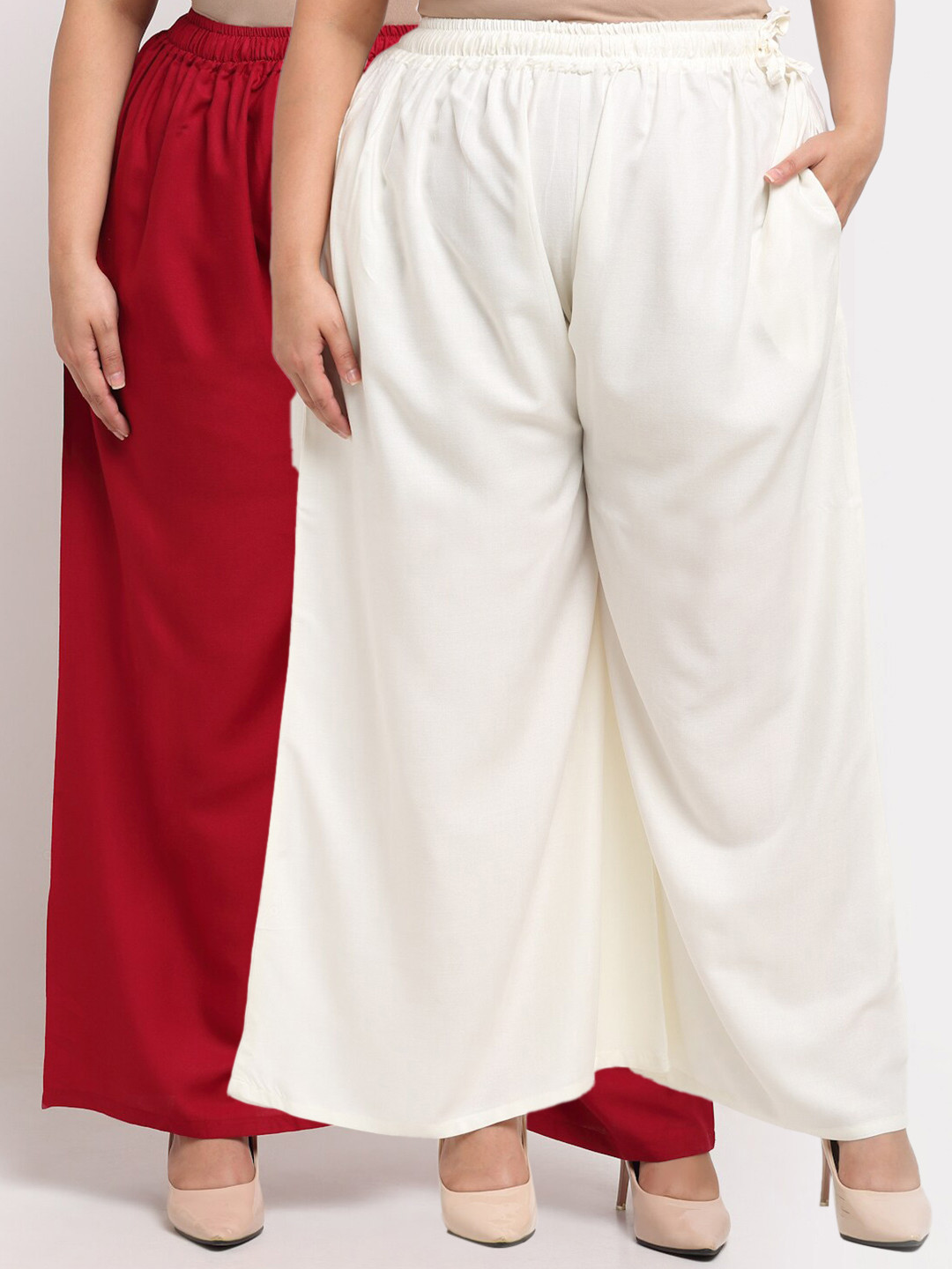TAG 7 PLUS Women Set of 2 Off White & Red Flared Ethnic Palazzos