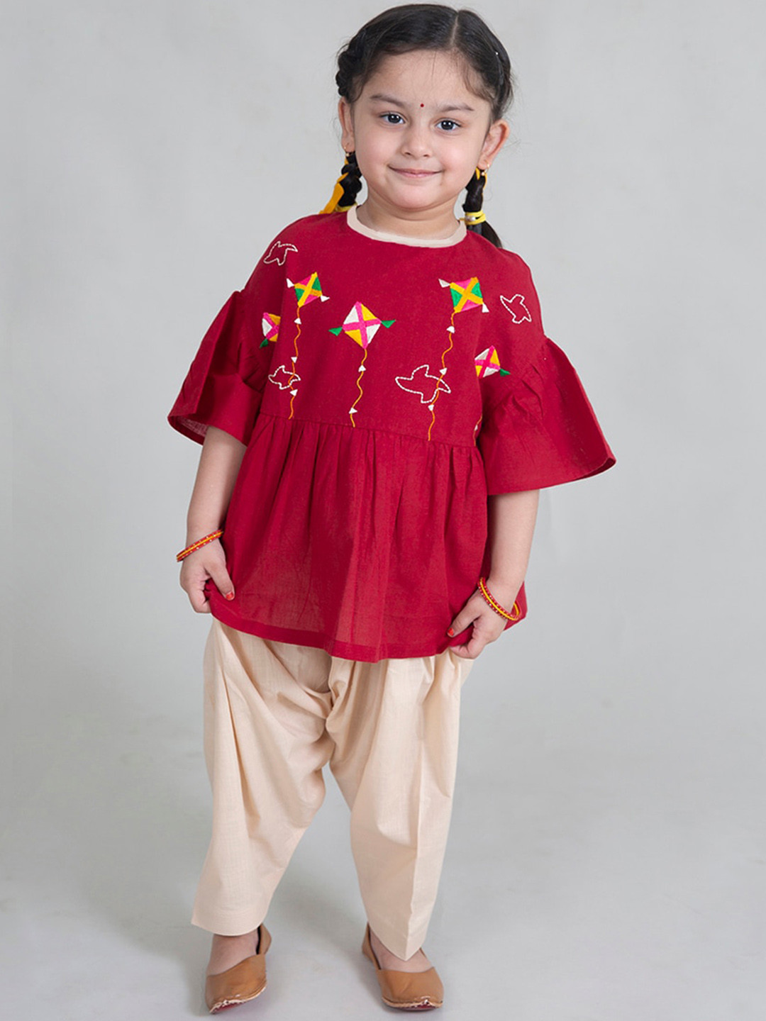 Tiber Taber Girls Maroon Floral Embroidered Panelled Pure Cotton Kurti with Dhoti Pants