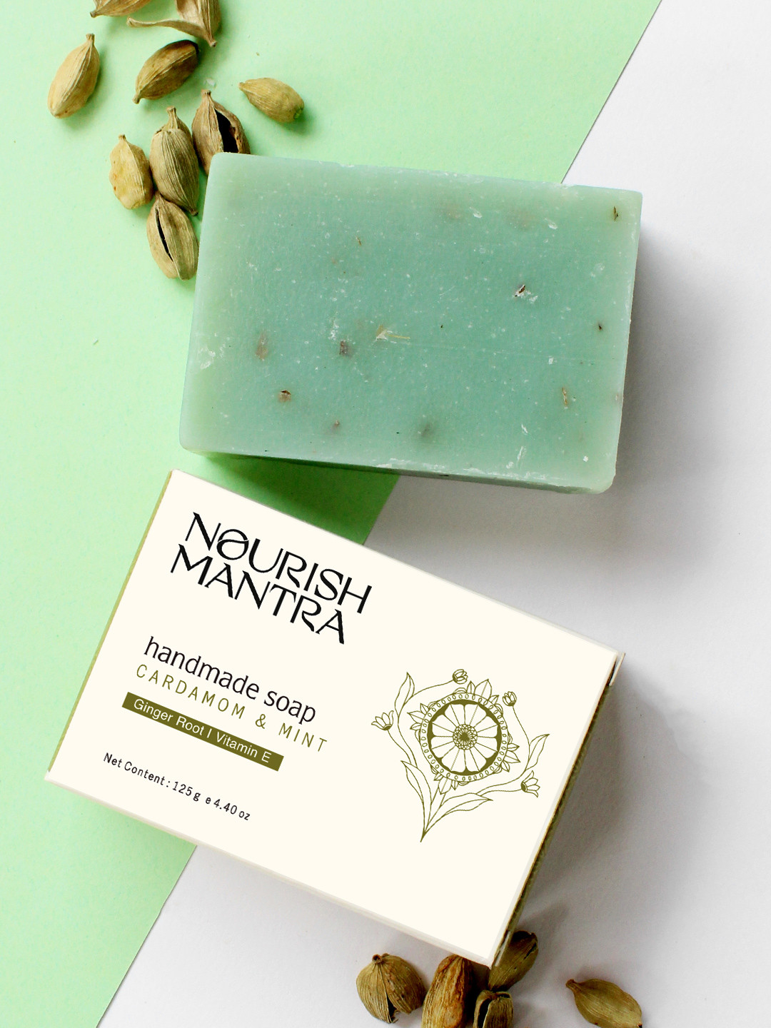 Nourish Mantra Handmade Bathing Soap with Cardamom Mint & Ginger Root Oil - 125 g
