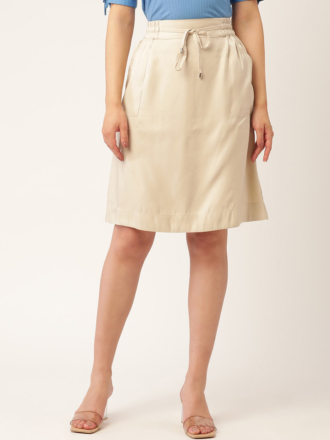 ELLE Women Beige Solid A-Line Above Knee-Length Skirt