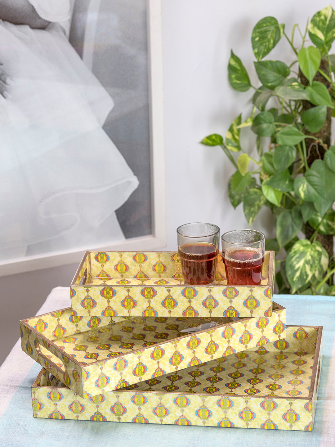 MIAH Decor Set Of 3 Yellow & Gold-Toned Handcrafted Pinewood Rectangular Trays