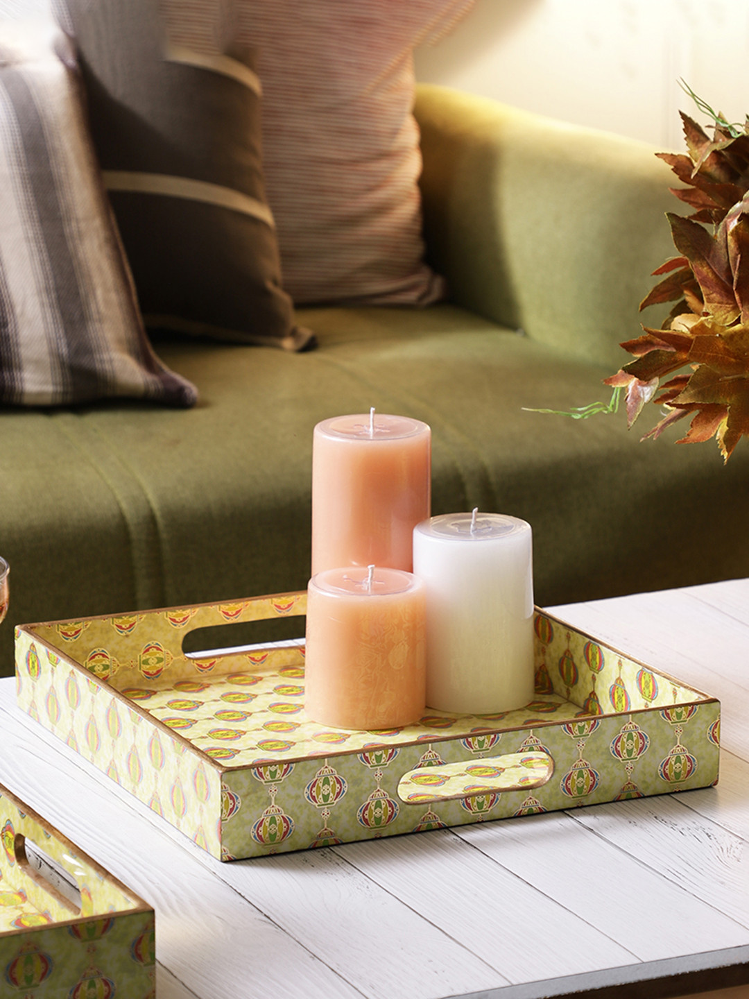 MIAH Decor Unisex Yellow & Gold Coloured Printed Large Wooden Serving Tray