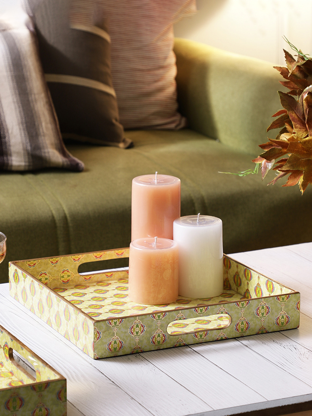 MIAH Decor Set Of 3 Yellow & Beige Patterned Handcrafted Square Wooden Serving Tray