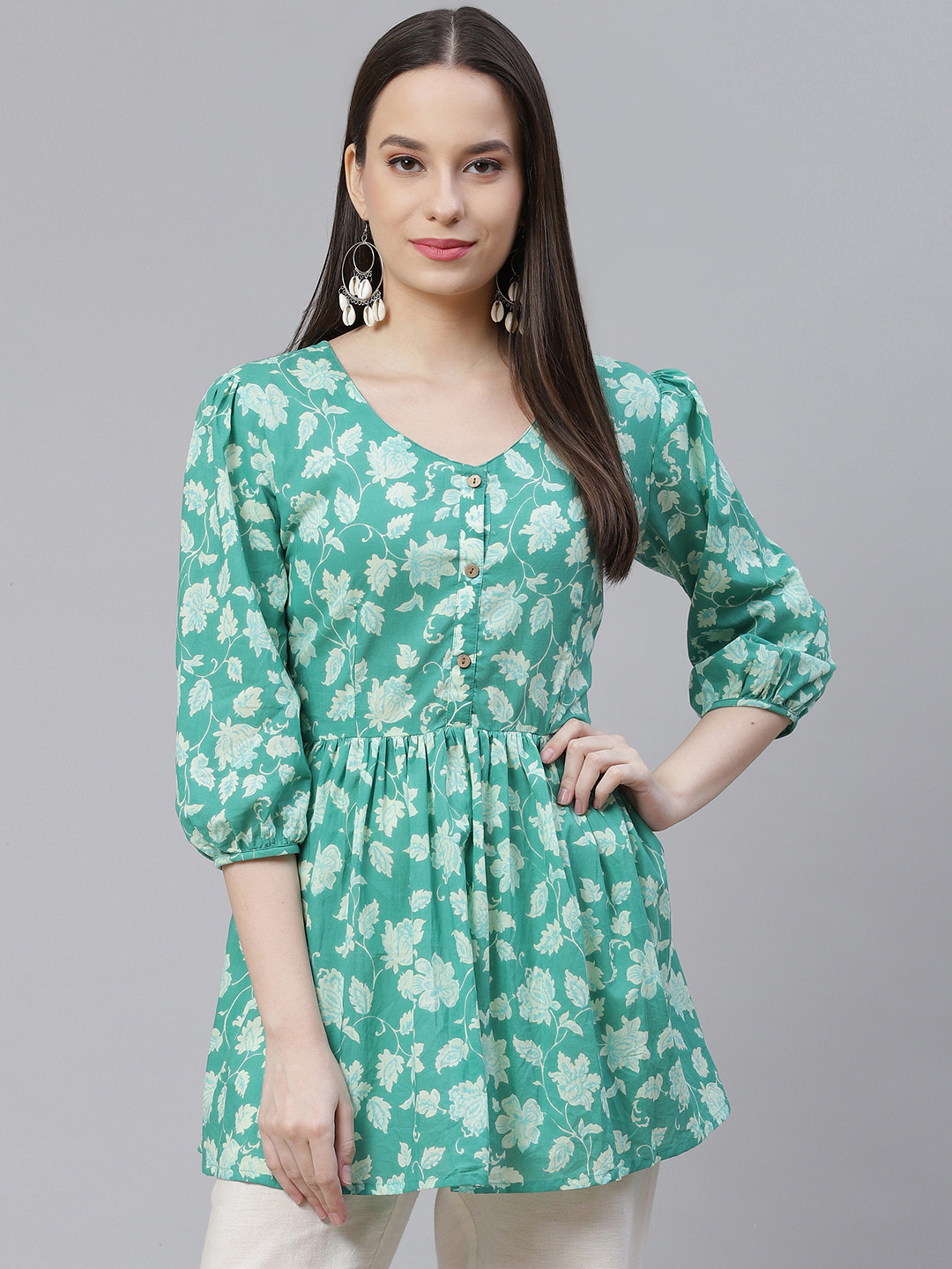 Divena Sea Green & Off White Floral Peplum Top