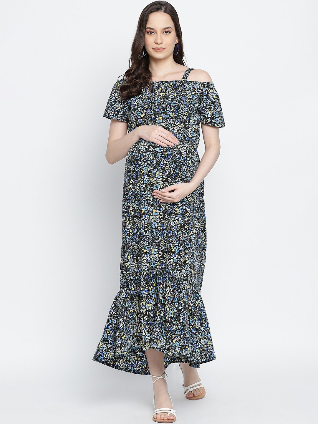 Oxolloxo Maternity Blue Ditsy Floral Satin Maxi Dress