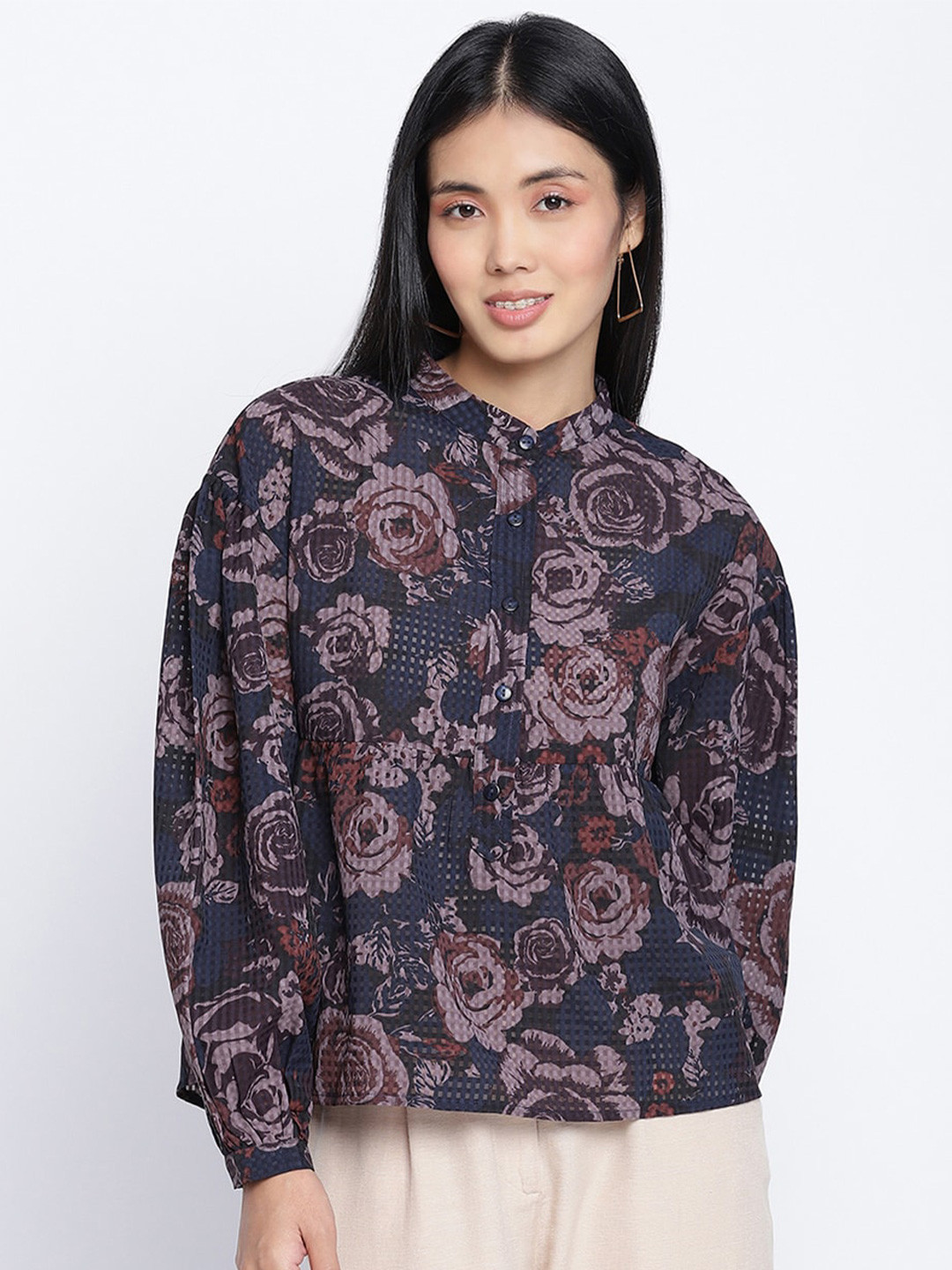 Oxolloxo Blue Mandarin Collar Shirt Style Top