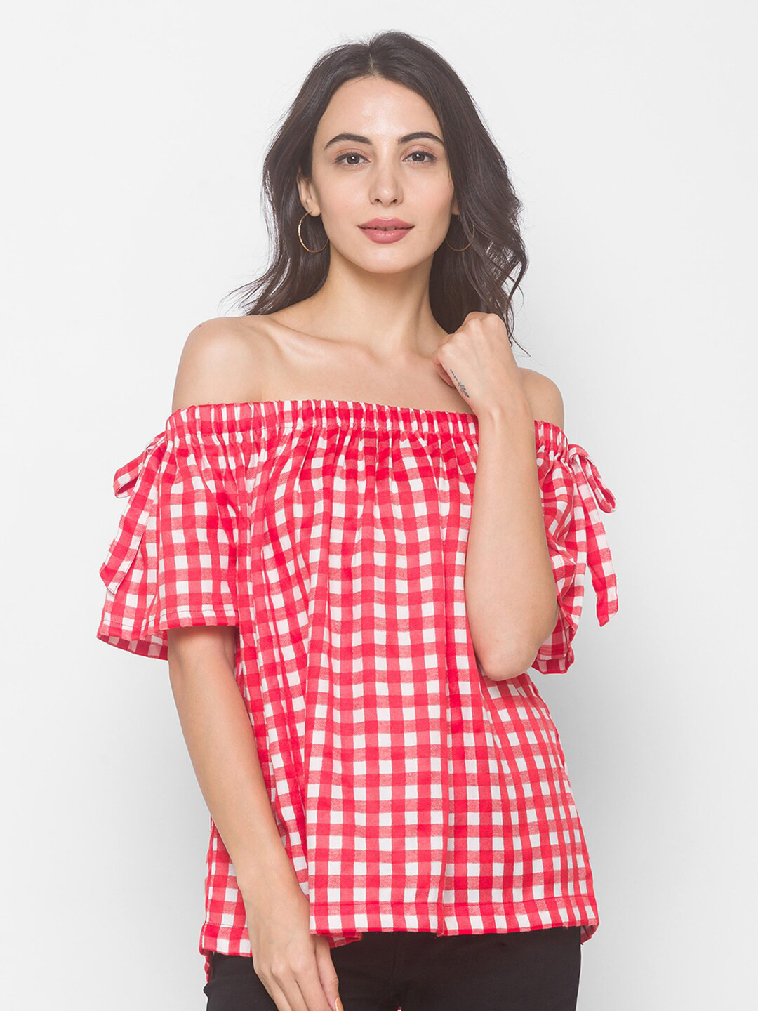 Globus Red & White Checked Off-Shoulder Bardot Top